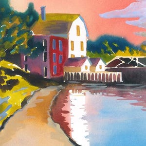 May include: Watercolor painting of a waterfront scene with buildings and water reflections. The buildings are white, red, and purple with yellow and green accents. The water is blue and reflects the buildings. The sky is pink and orange.