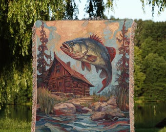 Fishing Woven Blanket, Fishing Gift, Fisherman Home Decor, Husband Gifts, Cozy Angler Throw, Nature Lovers Blanket, Nautical Pattern Throw