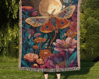 Fairycore Moon Moth Woven Blanket, Cozy Cottagecore Home Decor, Fairy Decor, Mystical Throw for Boho Living, Nature Themed Blanket