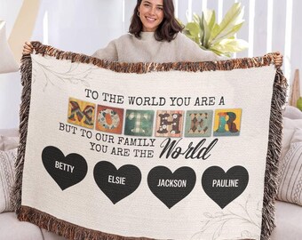 Personalized Blanket for Mom with Kids Names, Woven Blanket, Mother's Day Gift, Christmas Mom Gift, Unique Family Blanket, Gift from Kids