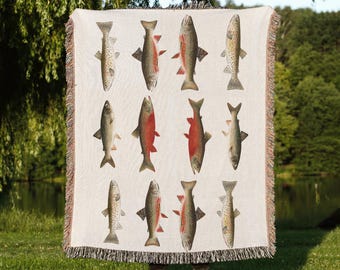 Vintage Fish Woven Blanket, Fish Pattern Throw, Fisherman Gift, Coastal Home Decor, Nautical Decor, Marine Life Blanket, Ocean Themed Gift
