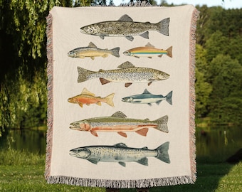 Fish Woven Blanket, Trout Fish Themed Throw, Ocean Themed Home Decor, Fisherman Husband Gift, Nautical Blanket, Beach House or Cabin Throw
