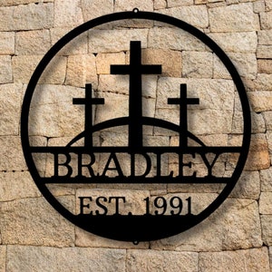 Three Crosses On a Hill Metal Monogram Sign,  Calvary Crosses on a Hill Metal Art, Christian themed Plaque ,Christian metal sign, Religious