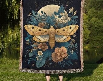 Mystic Moth Woven Blanket, Wildly Woven Blanket, Moth Decor, Boho Throw, Nature-Inspired Blanket, Mystical Moth Art, Gift for Moth Lovers