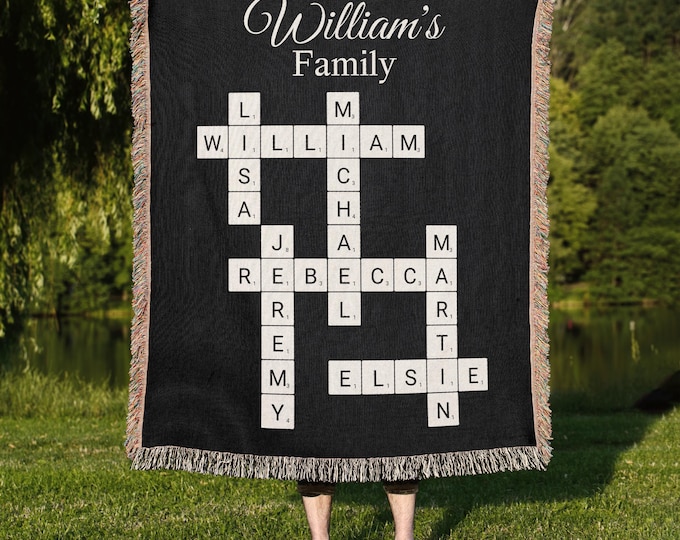 Personalized Family Crossword Woven Blanket, Custom Family Name Throw, Crossword Puzzle Gift, Grandkids Names Blanket, Papa Grandma Gifts