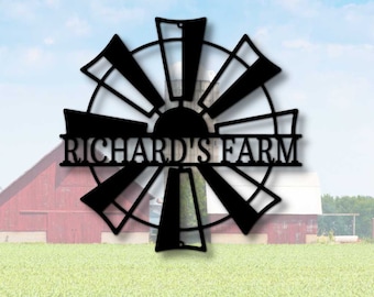 May include: Black metal windmill silhouette with the text "RICHARD'S FARM" across the center. The windmill is in front of a red barn and green field.