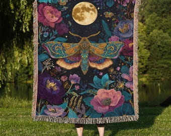 Mystic moon moth woven blanket, Cozy Moth Throw, Lunar Home Decor Gift, Celestial Woven Blanket, Bohemian Moon Decor, Housewarming Gift