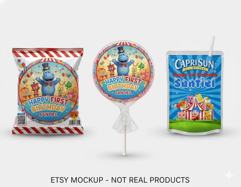Pu&ograve; includere: Set di bomboniere con un personaggio di ippopotamo e la scritta "Happy First Birthday Santiel". Include un sacchetto di snack, un lecca-lecca e una scatola di succo Capri Sun, a tema circo.