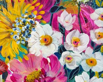 Ready to hang Abstract Floral Painting: Original Acrylic Multicolor Floral bouquet on Stretched Canvas (9" x 12")