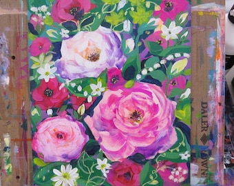 Pronto da appendere. Fiori da giardino primaverili ed estivi dai colori più vivaci, rosa e fucsia. 20 x 25 cm. Dipinto originale a mano con colori acrilici su pannello in MDF con primer.