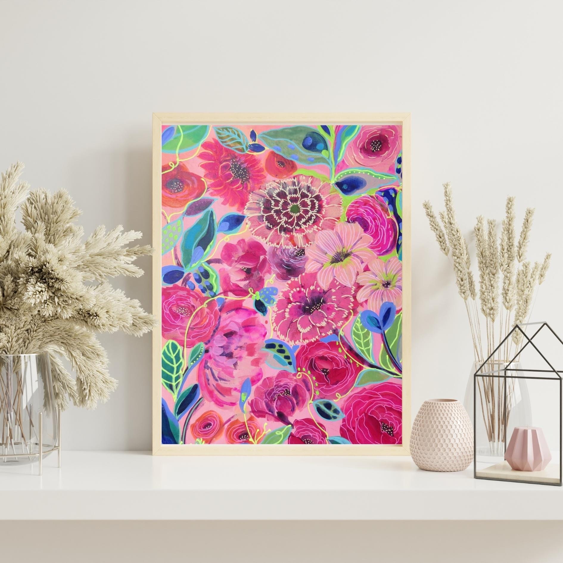 Floral Painting, Bright Ink and Acrylic, 9x12" Original Art