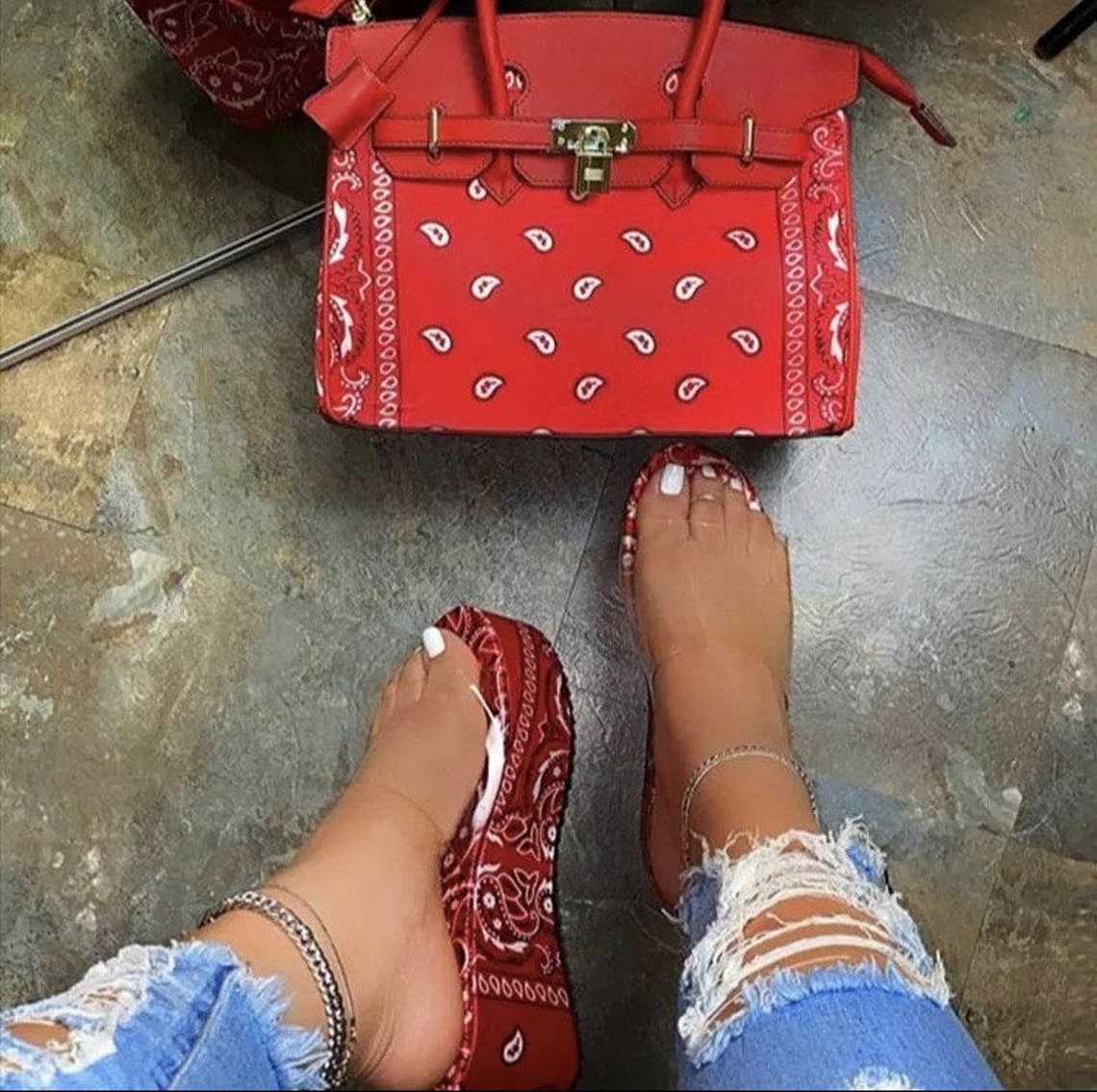 Red Bandana Print Platform Women Sandals Etsy