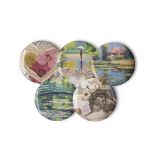 May include: Five round buttons with different images. The first button has a pink and red flower with a heart shape. The second button has a painting of a bridge over a pond with water lilies. The third button has a painting of a person walking under an umbrella on a path over a pond with water lilies. The fourth button has a painting of a house on a pond with water lilies. The fifth button has a painting of a couple with flowers.