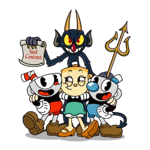 Adesivo fan art Cuphead, Mugman, Calice e il diavolo
