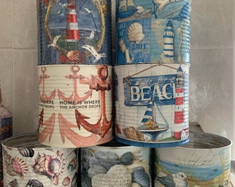 Nautical beach themed 15 cm x 15 cm decorative decoupaged tins