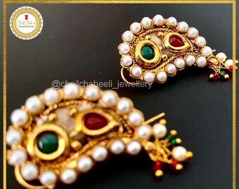 Maharashtrische Steen en Parel Nath| Vergulde Pauw Nath| Handgemaakte Marathi Nath| Etnische Mode Neus Sieraden| Flexibele draadneusclip