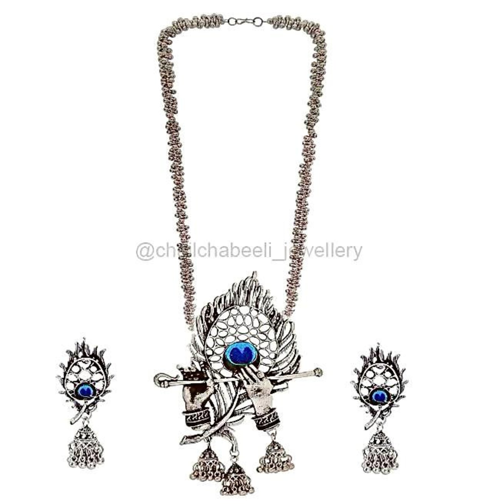 Oxidized Krishna Flute Pendant SetIndian Peacock Feather Etsy