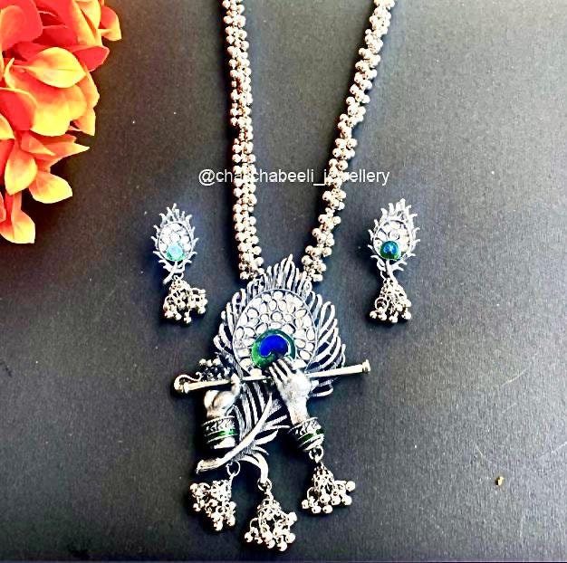 Oxidized Krishna Flute Pendant SetIndian Peacock Feather Etsy