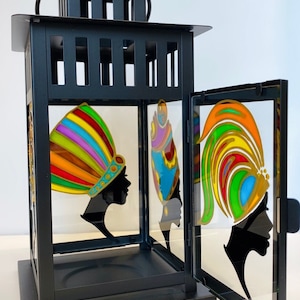 African Women Stained Glass Painting Lantern,Black Iron Candle Holder