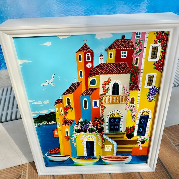 Cuadro iluminado con luz LED de pintura de vidrieras de la costa de Amalfi de Italia, panel de pared de colores que marcará la diferencia para la decoración del hogar y el regalo