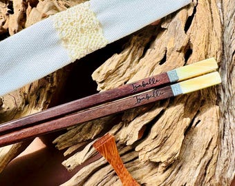 Personalized Rosewood Chopstick Set: Seashell Silver Tip, Hand-Knitted Pouch