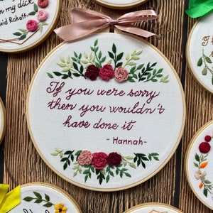 Custom text Embroidery in cursive font + flowers, botanical embroidery, custom embroidery hoop, wedding gifts, Unique Love Gift