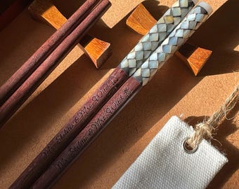 Engraved Rosewood Chopsticks: Mother of Pearl Inlay, with Rest & Sleeve