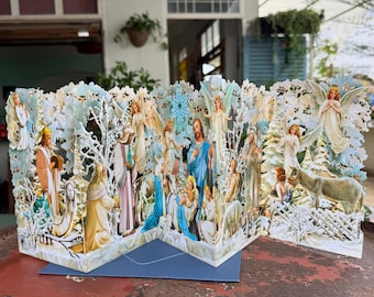 Carte printanière pour crèche de Noël avec style en zigzag, carte de voeux de vacances écologique fabriquée à la main, cadeau et décoration de printemps uniques