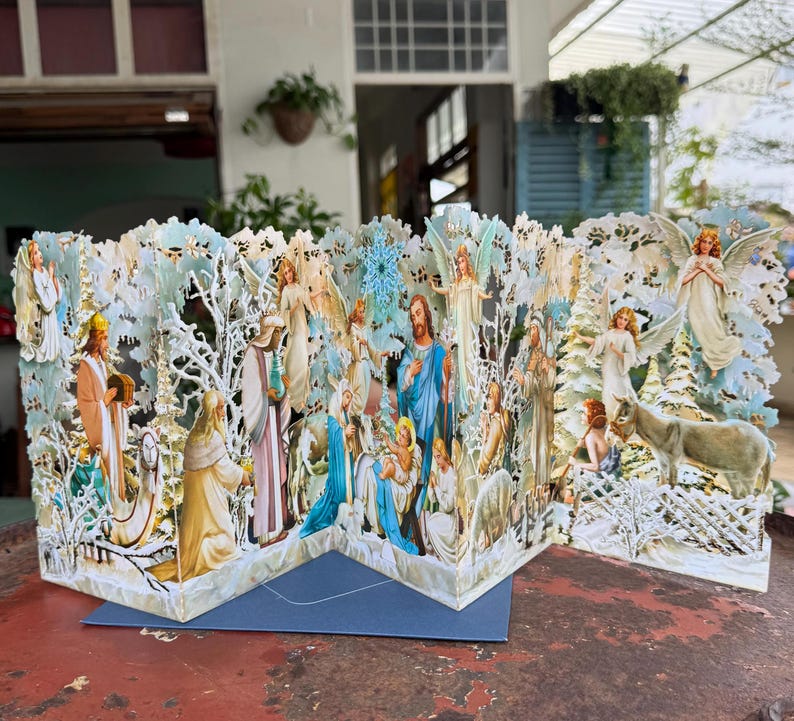 Carte printanière pour crèche de Noël avec style en zigzag, carte de voeux de vacances écologique fabriquée à la main, cadeau et décoration de printemps uniques image 1