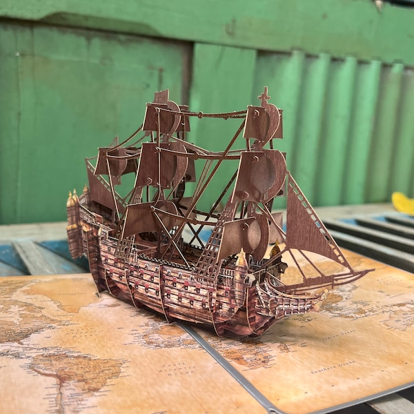 3D Pop Up Grußkarte: Altes Schiff, handgefertigter umweltfreundlicher Weihnachtsgruß, Geschenke unter 20 usd, Geschenk für Kinder, Pop-Up Überraschungskarte