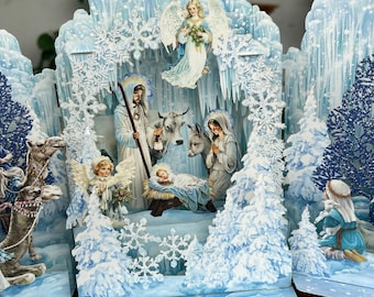 Carte de printemps pop-up Winter Wonderland fabriquée à la main, carte de printemps 3D fantaisiste avec crèche et flocons de neige