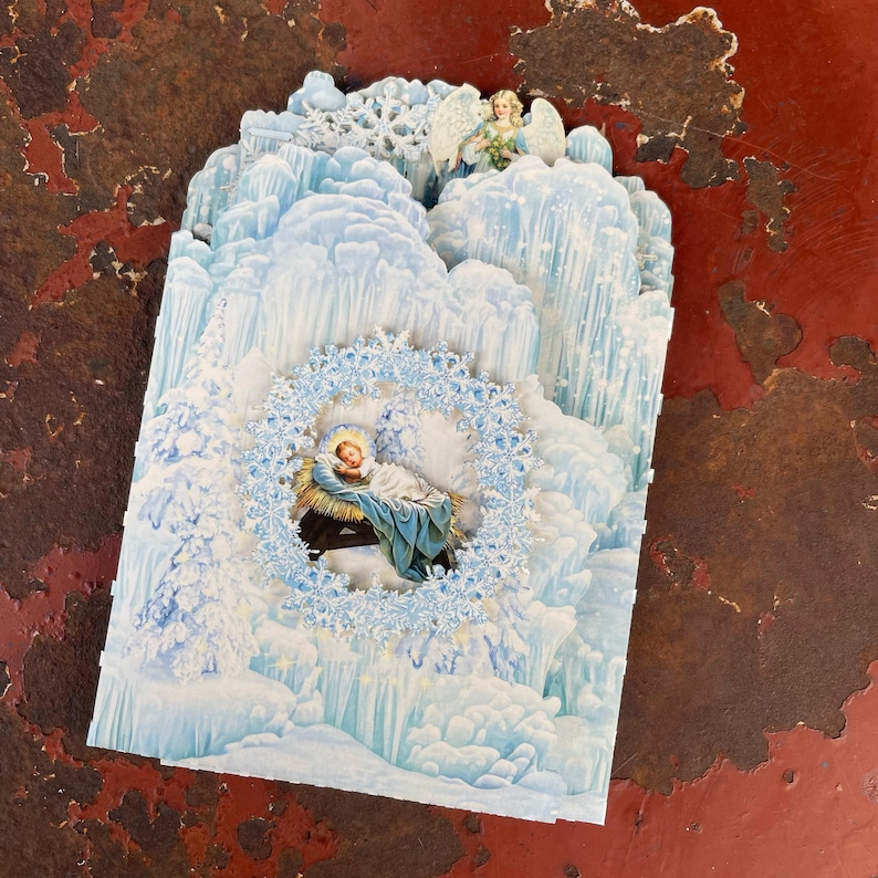 Carte de printemps pop-up Winter Wonderland fabriquée à la main, carte de printemps 3D fantaisiste avec crèche et flocons de neige image 8