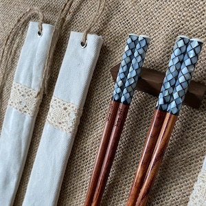 Engraved Chopsticks with Mother of Pearl and Laser Engraving | Complete Set with Pouch & Rest | Unique Gifts for Her, Him, Weddings Gifts