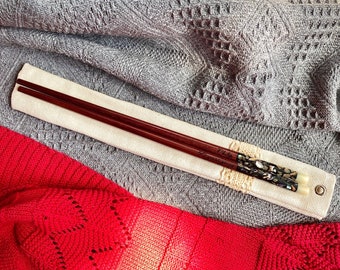 Engraved Chopsticks Seashell + Mother Pearl tip w canvas sleeve, Japanese chopsticks, Personalized chopsticks, Gifts under 20 usd, meal prep