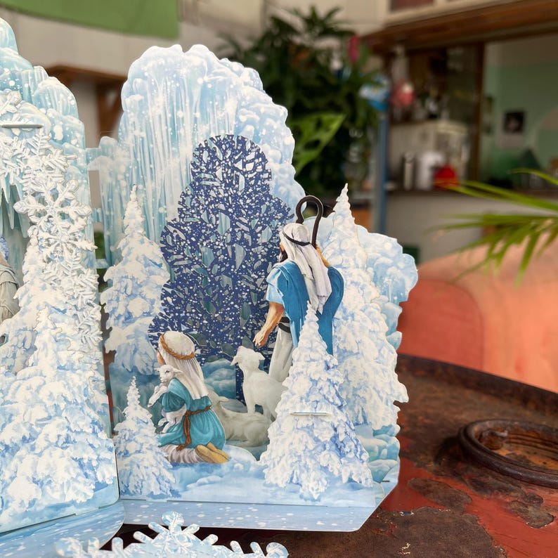 Carte de printemps pop-up Winter Wonderland fabriquée à la main, carte de printemps 3D fantaisiste avec crèche et flocons de neige image 6