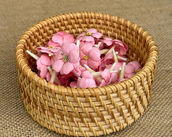 Handwoven Rattan & Bamboo Basket - Small Round Storage Bowl - 5"x2"