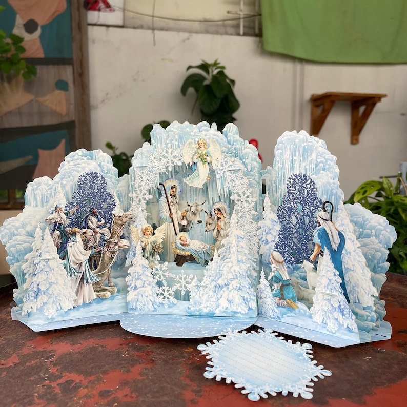 Carte de printemps pop-up Winter Wonderland fabriquée à la main, carte de printemps 3D fantaisiste avec crèche et flocons de neige image 5