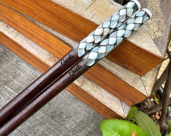 Engraved Chopsticks: Mother of Pearl Inlay, with pouch and rest, Personalized Gift Set