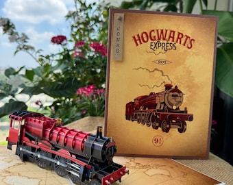 Carte de train festif 3D avec nom personnalisé - carte pop-up artisanale de locomotive à vapeur rouge, 4 styles de personnalisation au choix : rustique, charme, étiquette de sceau de cire