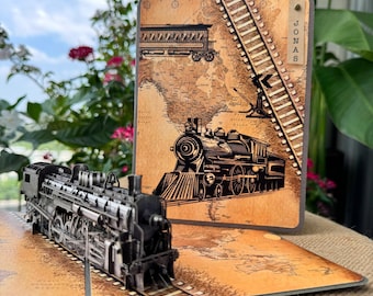 Carte nominative gravée en train, moteur à vapeur pop-up 3D, cadeau personnalisé fait main pour adultes et enfants, rustique, charme, étiquettes en cire au choix