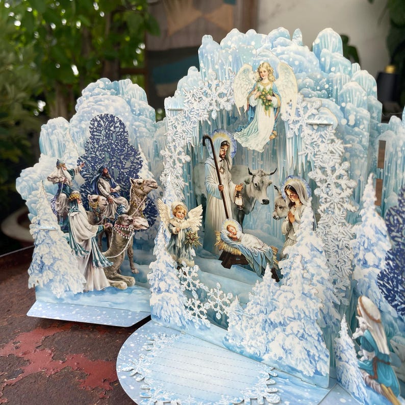 Carte de printemps pop-up Winter Wonderland fabriquée à la main, carte de printemps 3D fantaisiste avec crèche et flocons de neige image 4