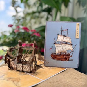 Personalisierte 3D Segelschiff Pop Up Karte - Optionen für den eingravierten Namen, Nautisches Kinder Geschenk, handgemachte Karte mit Rustikalen, Charme, Wachssiegel Tags