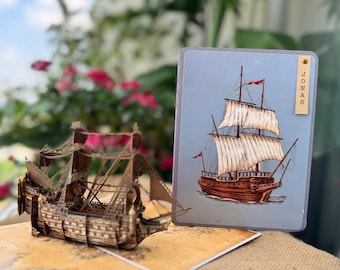 Carte pop-up 3D personnalisée voilier - options de nom gravé, cadeau nautique pour enfants, carte faite main avec rustique, breloque, étiquettes de cire