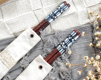 Personalized Rosewood Chopsticks: Mother of Pearl Inlay, Canvas Sleeve