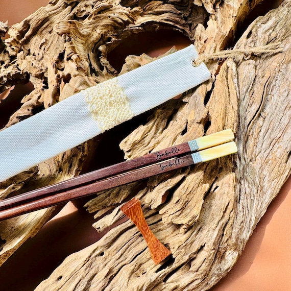 Personalized Rosewood Chopstick Set: Seashell Silver Tip, Hand-Knitted Pouch