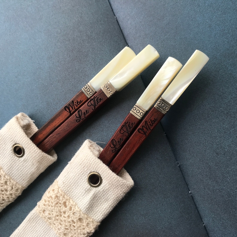 Personalized Rosewood Chopstick Set: Seashell Silver Tip, Hand-Knitted Pouch image 3