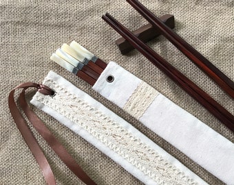 Rosewood Chopsticks Set: Silver Seashell Tip, Cotton Canvas Sleeve