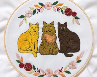 Custom Pet Portrait Embroidery Hoop, Hand Stitched Cat Dog Keepsake, Floral Wreath Wall Art