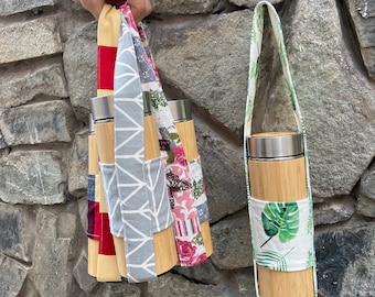 Botella de agua de bambú personalizada con interior de acero inoxidable y estuche de transporte de lona (¡grabado incluido!)
