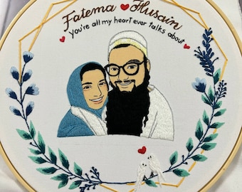 Custom Hand-Embroidered Portrait with Botanical Wreath, Wedding Gift